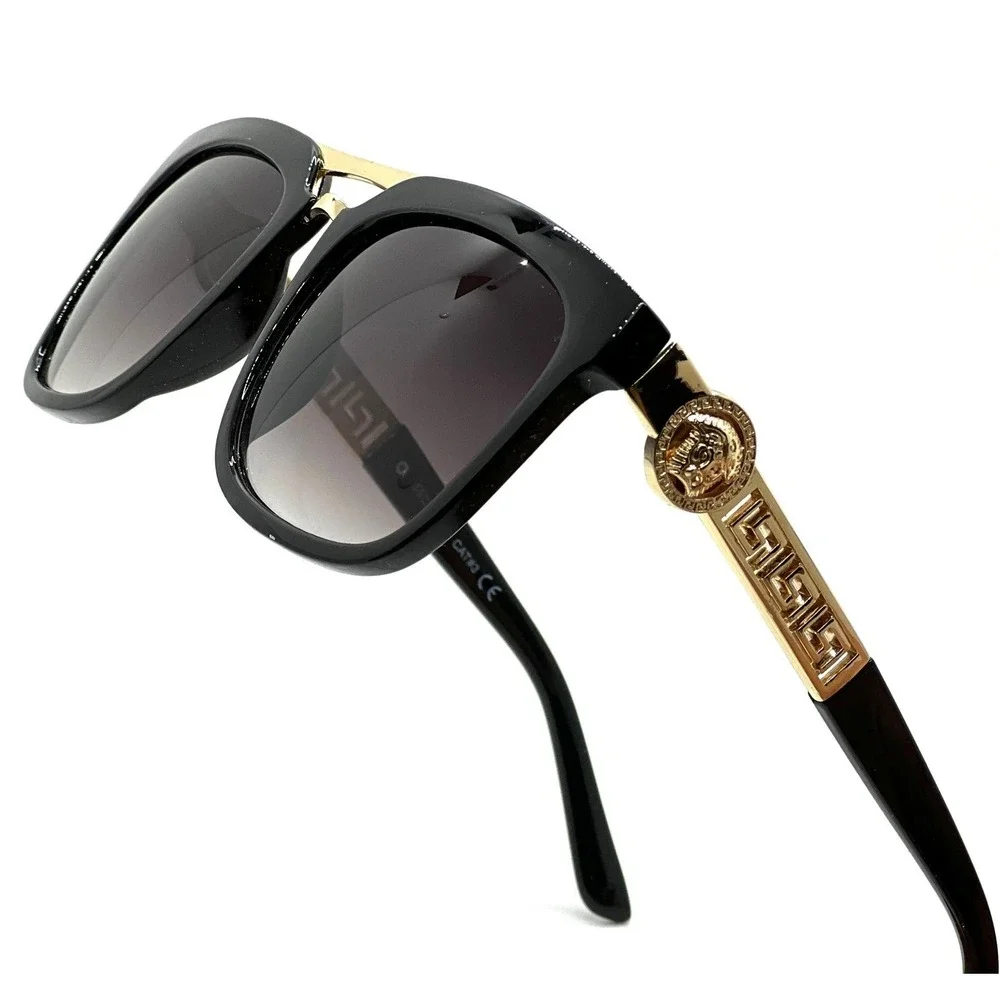Women Sunglasses Square Gold Metal Top Bar‎ Black Lens Retro Oversized Fashion